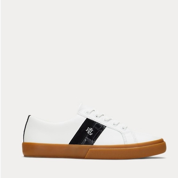 NWOB Lauren Ralph Lauren Janson II White Leather Sneakers Black Stripe US 8